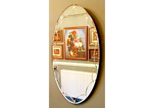 Rare Art Deco Oval Frameless Wall Mirror Attractive Edging Details & Chain