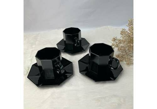 6 X Arcoroc Black Glass Coffee Cups & Saucers Set