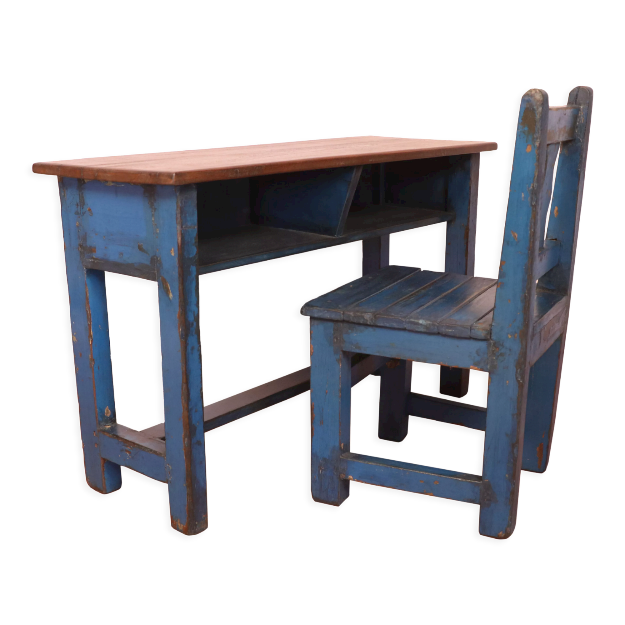 Old Desk And School Chair Set In Burmese Teak With Original Blue Patina / Height Under Desk