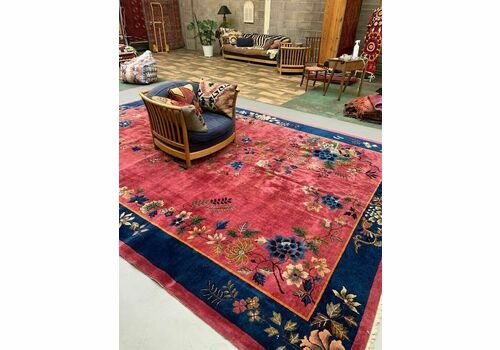 Large Chinese Art Deco Carpet, 448x308 Cm, 1920s Wool, Handmade, Pink Blue Rug