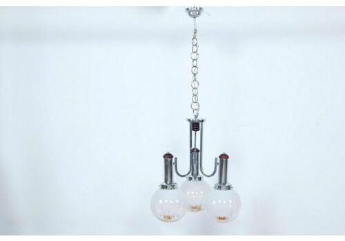 Design Chandelier From The 70s With Three Lights In Steel And Murano Glass In The Mazzega Style