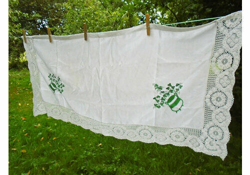 Vintage French White Linen And Lace Fireplace Mantle Dresser, Cantonniere, Table Runner With Green Embroidered Clover