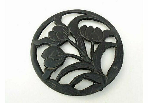 Vintage French Large Black Cast Iron Round Trivet With Floral Tulip Ddesign, Cast Iron Enamel Trivet Pot Stand