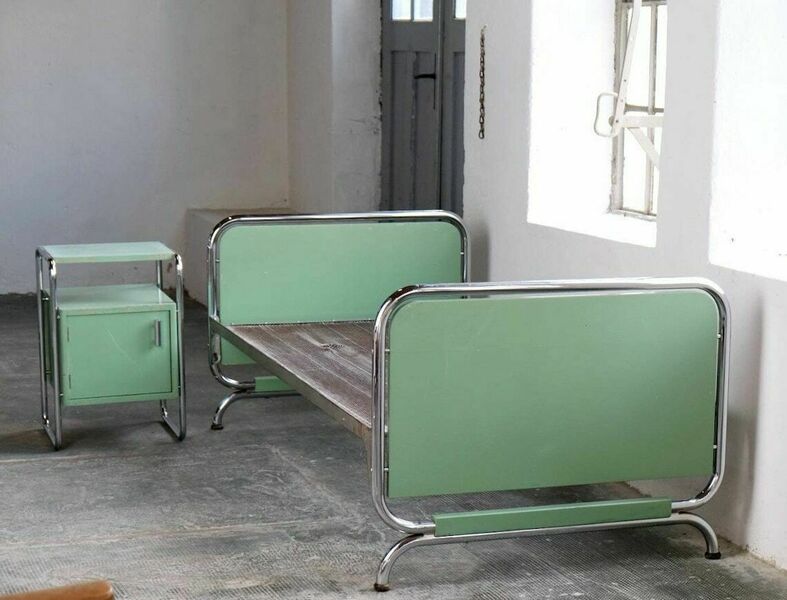 Bauhaus Bed And Bedside Table, License Slezak In Pastel Green