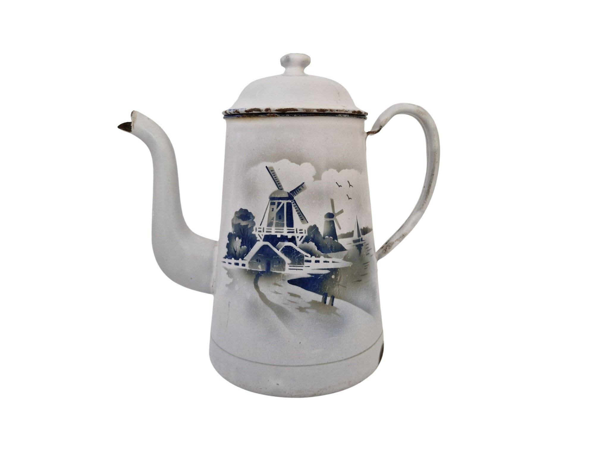 French Enamel Coffee Pot With Windmills, Vintage Blue And White