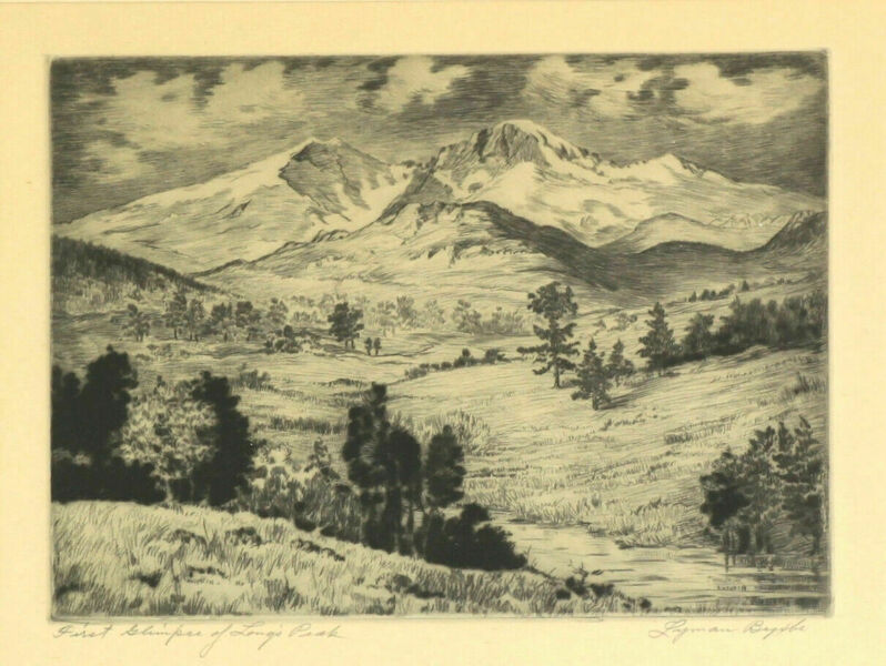 Etching By Lyman Byxbe. Titled, "First Glimpse Of Longs Peak" photo furniture
