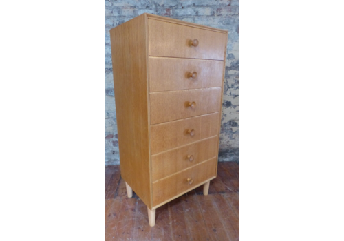 Vintage Retro Meredew Light Oak Tallboy Chest Of 6 X Drawers 1960s Chest
