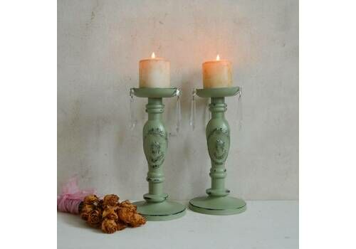 Pair Pillar Candle Holders With Vintage Pointed Icicles Prisms Crystals, Hand Painted Painted In Sage Green, Hand Crafted Cameo Moulds