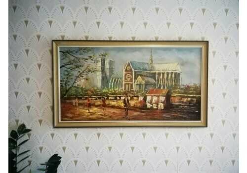 Midcentury Original Impressionist Framed Signed Oil On Board Notre Dame Paris Street Scene