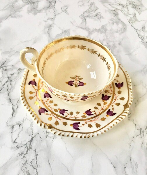 Royal Worcester Antique Tea Cup Decorated With Purple Flowers And Gold