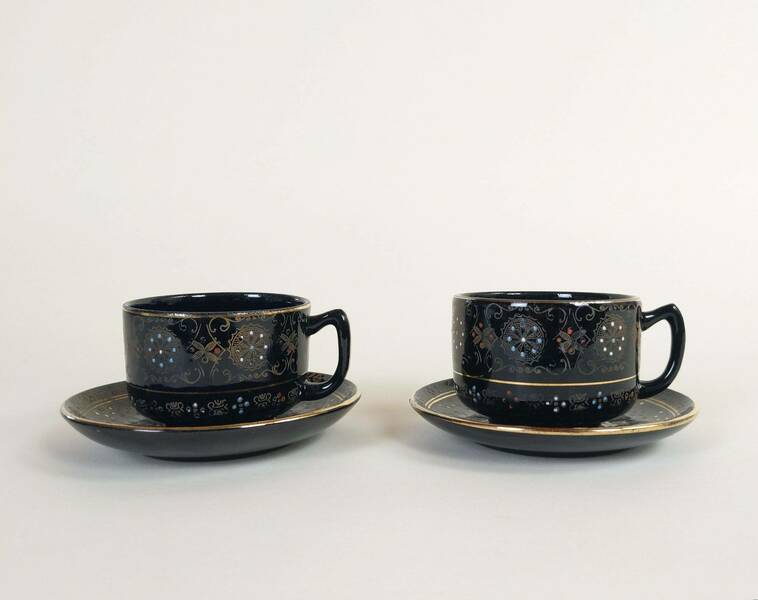 Vintage Black Ironstone Pottery And Enamel Coffee Cups And Saucers, Old