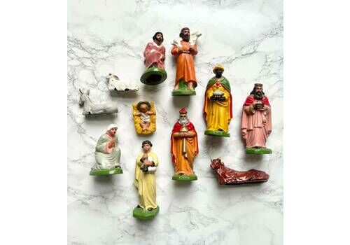 Antique Rare French Hand Painted Nativity Set   Large Size Art Deco