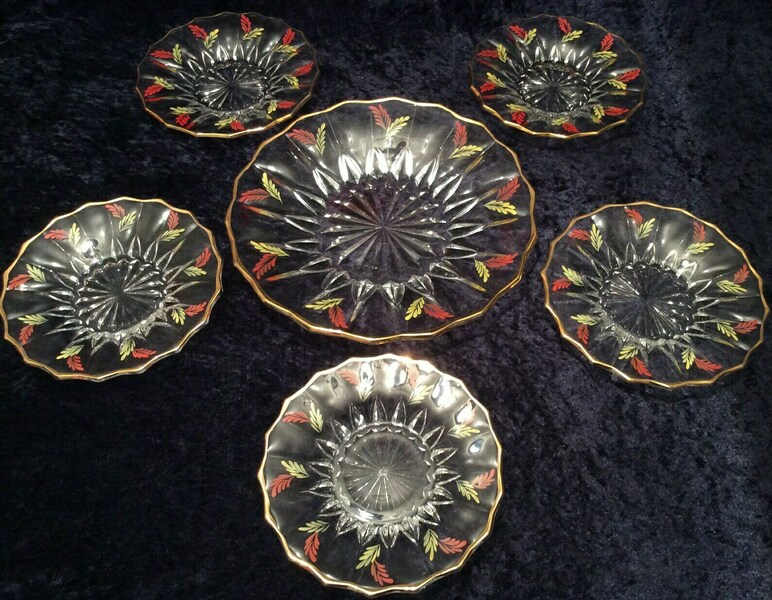 Set Of 1960s Decorative Glass Plates (6) With Hand Painted Red & Yellow