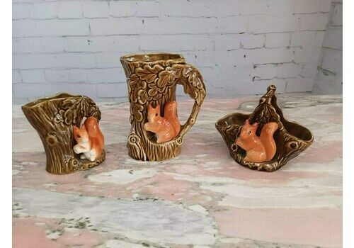 Vintage Sylvac Squirrel Jug 4241 And 4233 And Basket 4240 Woodland Series Set 1960