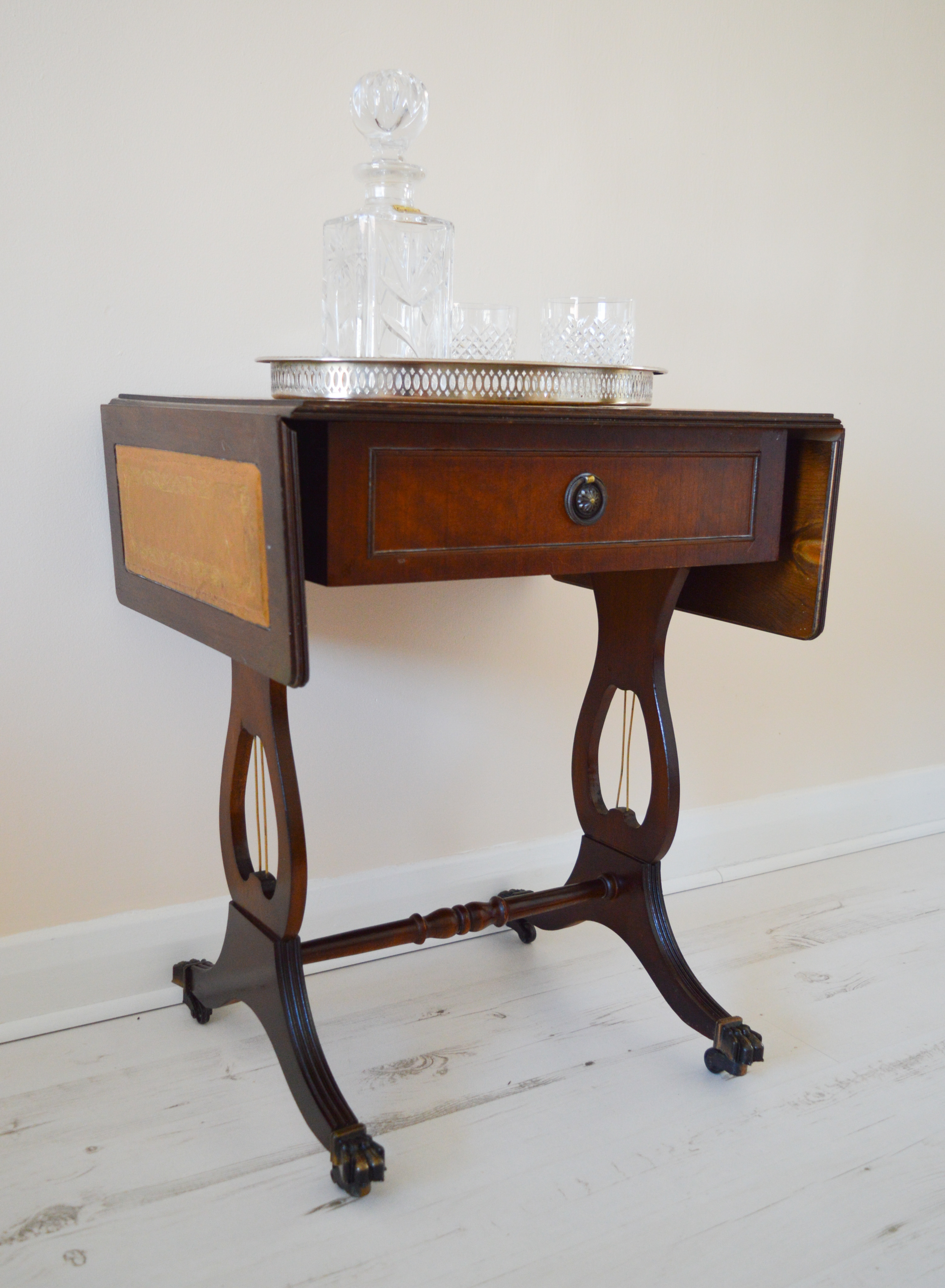 Leather Harp Side Table Brass Claw Feet 2 Flaps And Pull Out Draw Folding Tan Gold Top With Legs