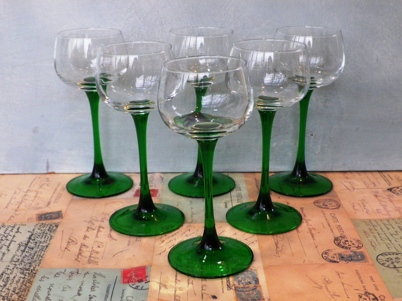 Six Vintage Wine Glasses French Green Long Stemmed Rhine ...