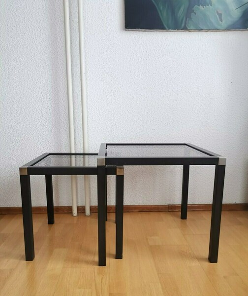 Vintage Nesting Tables / Metal Side Tables With Smoked Glass Tops / Industrial Style Coffee Table photo furniture