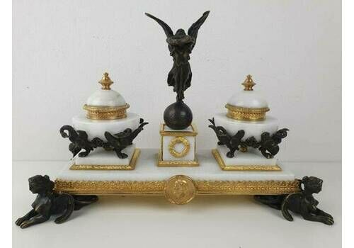 Inkwell In Gilded Empire Style In Bronze And White Marble.