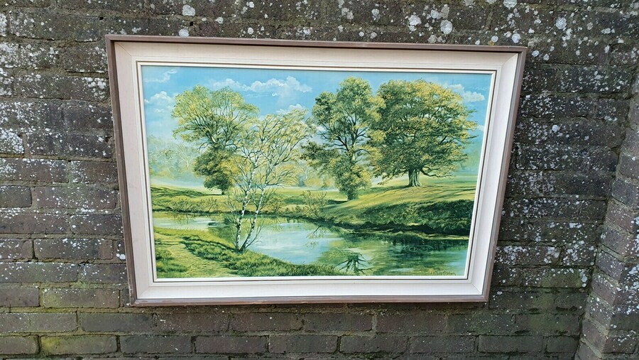 Huge Vintage 60’s Landscape Print On Oil Effect On Canvas J Wilson Hepburn In Fab Large Chunky