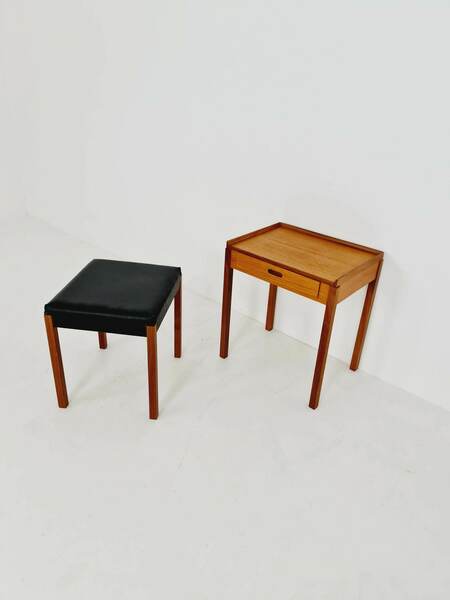 Midcentury Danish Teak Side Table/ Bedside Table With Stool, 1960s photo furniture