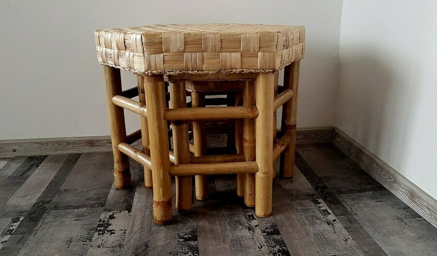 Vintage Mid Century Hexagonal Bamboo Rattan Nesting Table Set Of 3 photo for sale