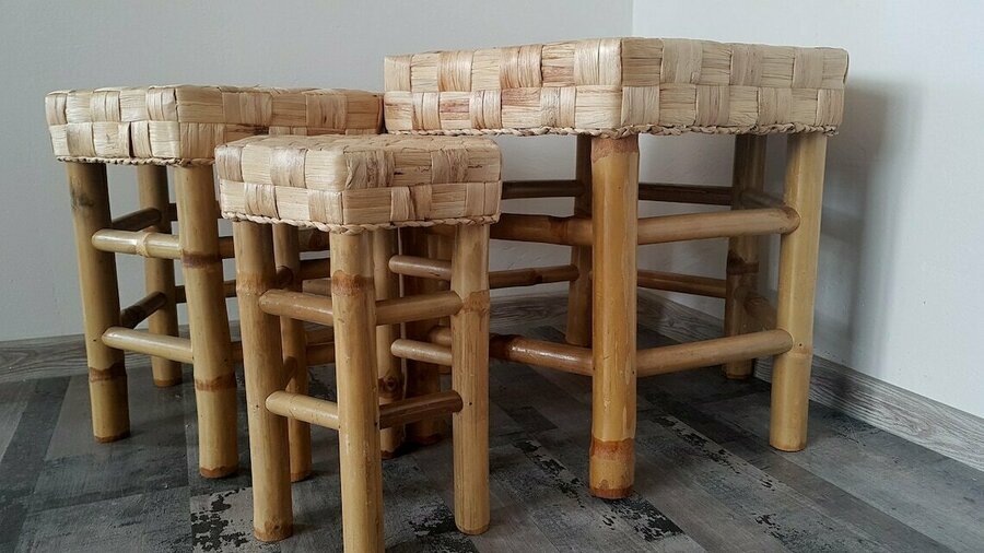 Vintage Mid Century Hexagonal Bamboo Rattan Nesting Table Set Of 3 photo 268.0