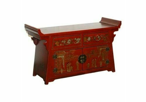 Lovely Vintage Red Hand Painted Chinese Sideboard Tv Cabinet