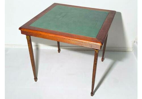 Antique Poker Gambling Table Foldable Wood & Leather Card Game Table / 1920s France