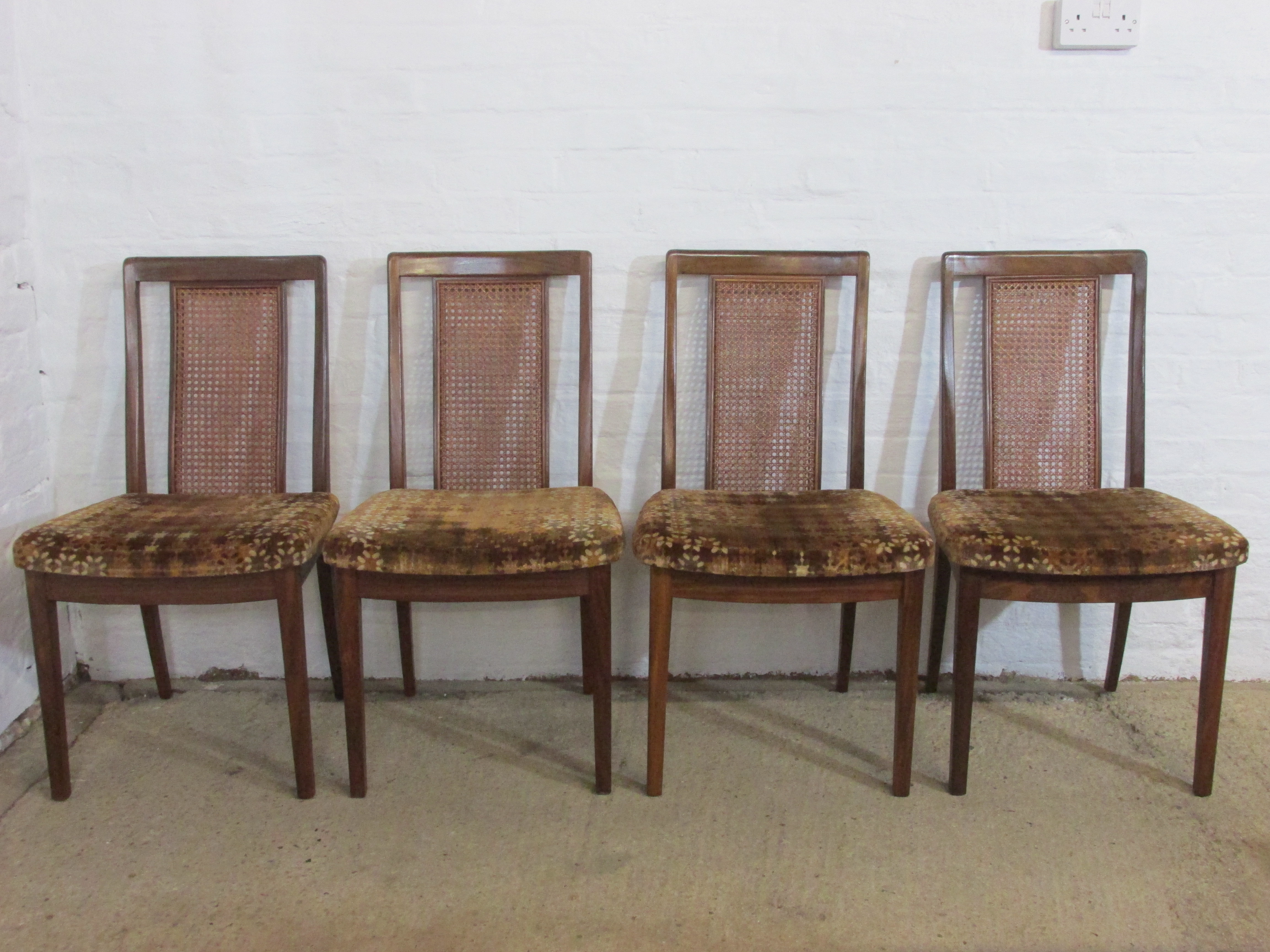 Retro 1970s G Plan Fresco Set Of Four Teak Cane Back Fabric Seat - Retro Cane Dining Chairs Retro 1970s G Plan Fresco Set Of Four Teak Cane Back Fabric Seat - Retro Cane Dining Chairs
