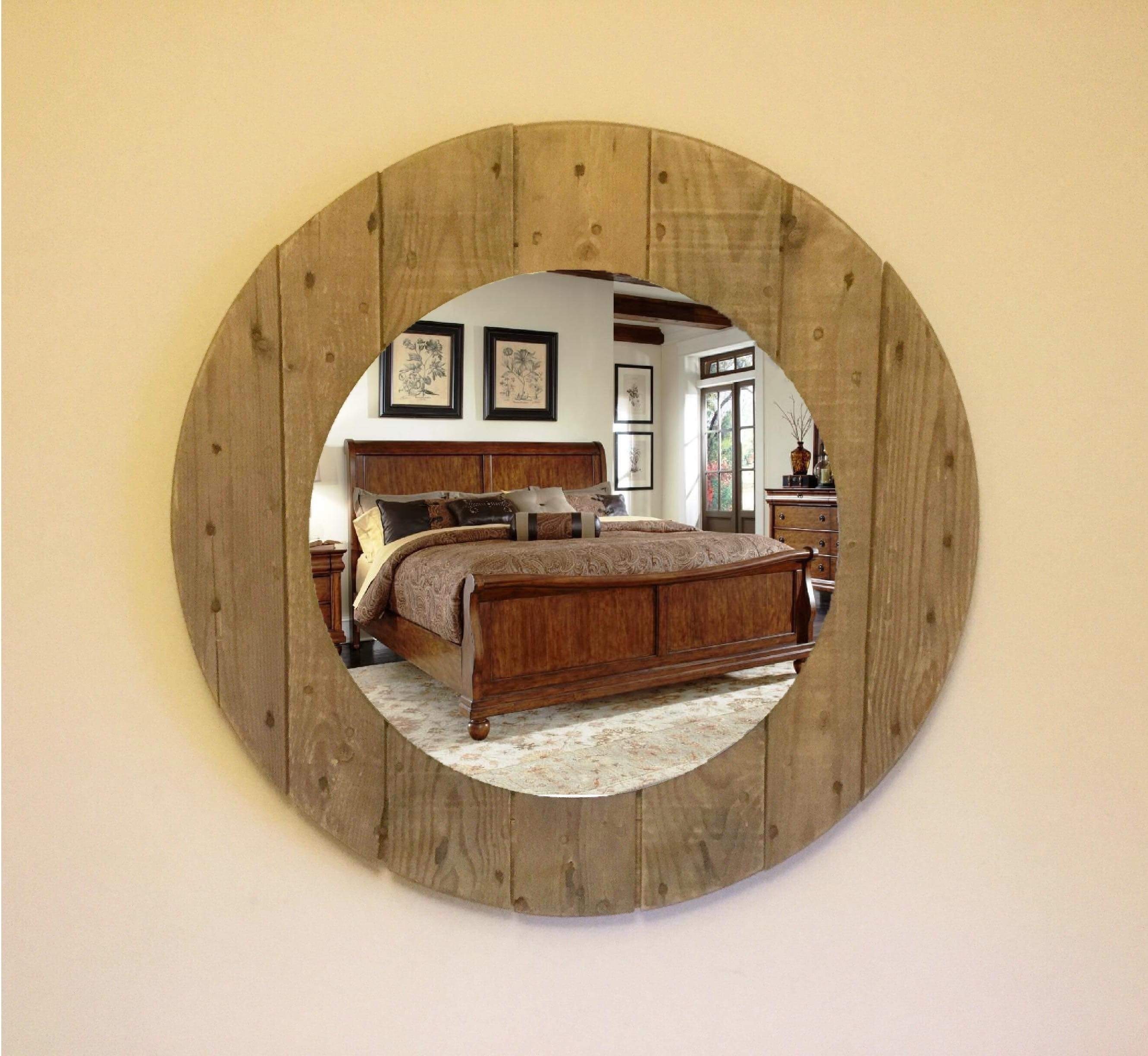 Recycled Rustic Reclaimed Wooden Cable Reel Wall Mirror Recycled Rustic Reclaimed Wooden Cable Reel Wall Mirror