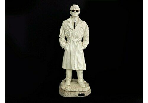 Large Vintage Statue By Urregui In Terracotta, Standing Man With Black Glasses And Trench Coat