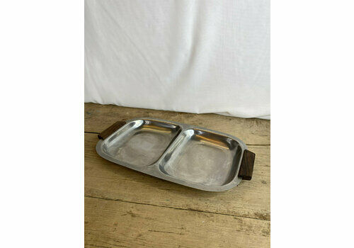 Vintage Danish Daninox Stainless Steel Two Section Rectangular Dish / Tray With Teak Handles Good Condition