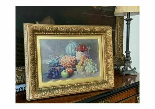 C1908 Outstanding Original Signed Still Life Fruit Banquet Watercolour Painting