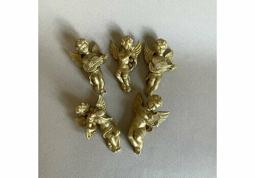 Set Of 5 Small Plaster Of Paris Cherub Cupids Gold Painted Wall Decor Sculpture Art Wall Hanging Handmade Angels