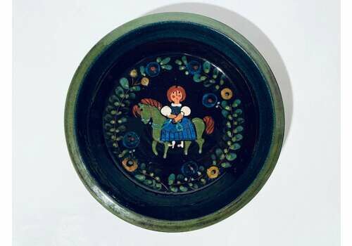 Jakob Stucki Dark Green Round Ceramic Wall Plate Girl On Horse Motif / Vintage Alpine Decor