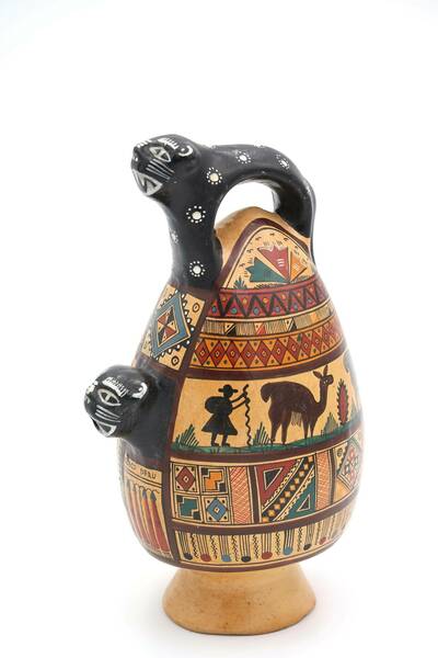 Peruvian Terracotta Jar, Pottery From Cusco, Peru, 1980s / Pitcher, Vase, Hand Painted, Felines Handles, Boho Chic, Bohemian photo furniture