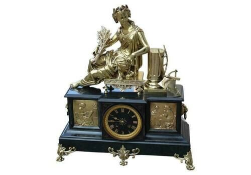 Napoleon III Mantel Clock Or Console 180s Black Marble And Solid Brass Sculpture
