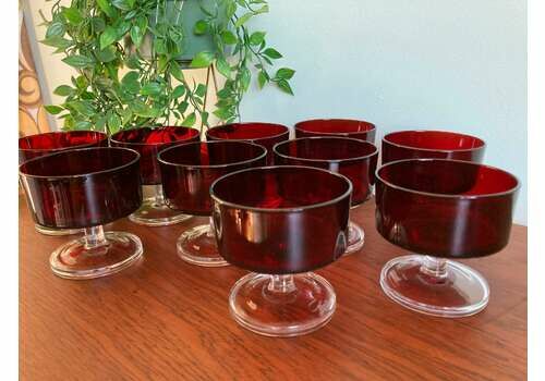 Set Of Ten French Luminarc Red Glass Dessert Bowls