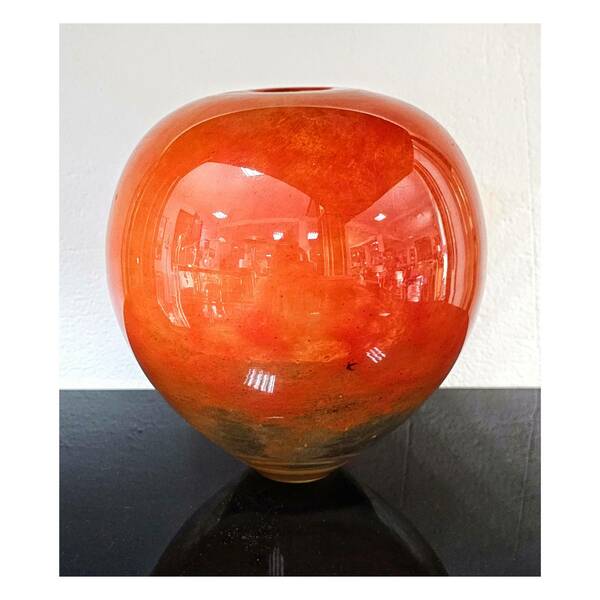 Rare Murano Glass Vase Done In Dark Orange Marble Like Glass