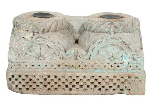 Antique Indian Hand Carved Stone Pillar Base Candle Holder