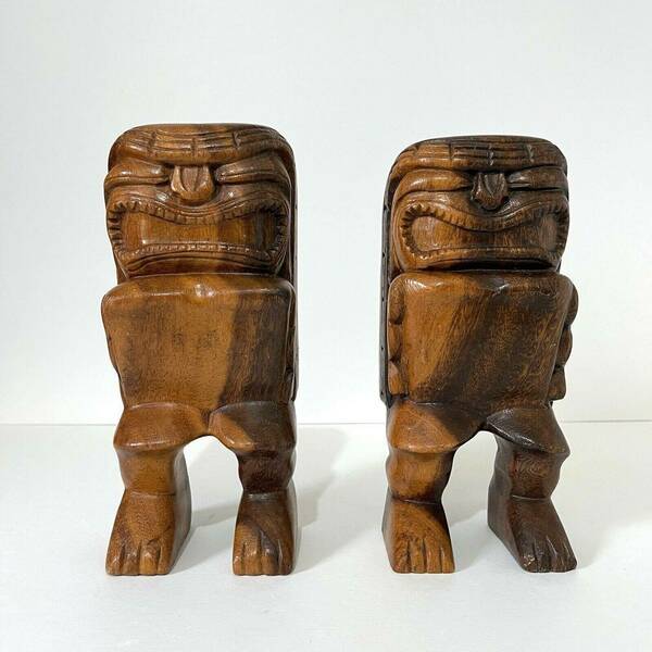 Vintage Tiki Statue Pair Hand Carved Wooden Figures Collectibles Icons