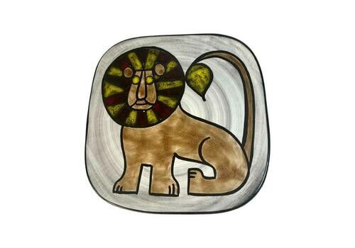 Swiss Pottery, Vintage Hand Painted Platter A Lion By Burkart Handarbeit Switzerland Dark Brown Mid Century Aesthetic Animal Plate Wall