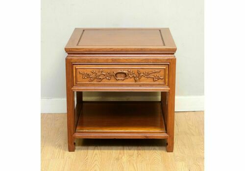 Vintage Chinese Hardwood Side Table With Decorative Single Drawer & Shelf