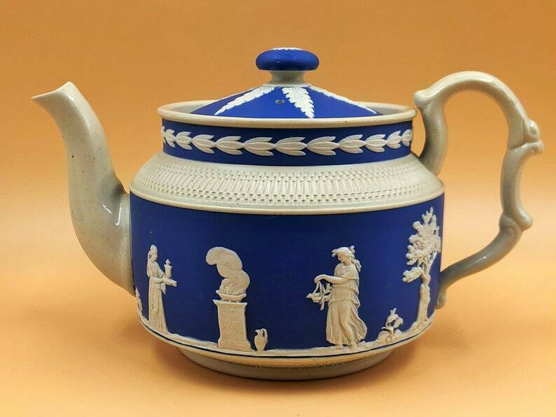 Antique Copeland Late Spode Blue Jasperware Pint Teapot, Creamer