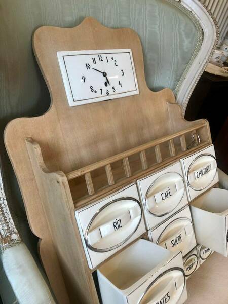 Vintage Beech Spice Rack With Restored Ceramic Mechanical Clock
