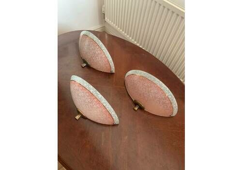 Original Vintage Trio Of Art Deco Odeon Pink & White English 50s Mcm Lace Pattern Wall Lights/Sconces