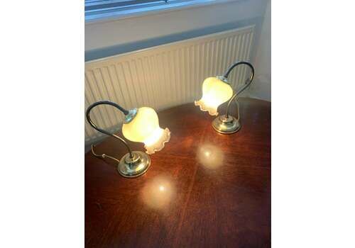 Pretty Pair Of Vintage Brass & Hand Blown Fluted Opaque Milk Glass Boudoir/Table/Bedside Lamps. Working Order