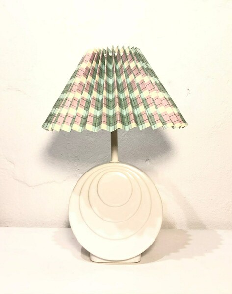 Danish Vintage Sculptural Table Lamp In White Porcelain With Modernist Circle Pattern And Colorful Pleated Shade   Design By El Huset Brande photo furniture