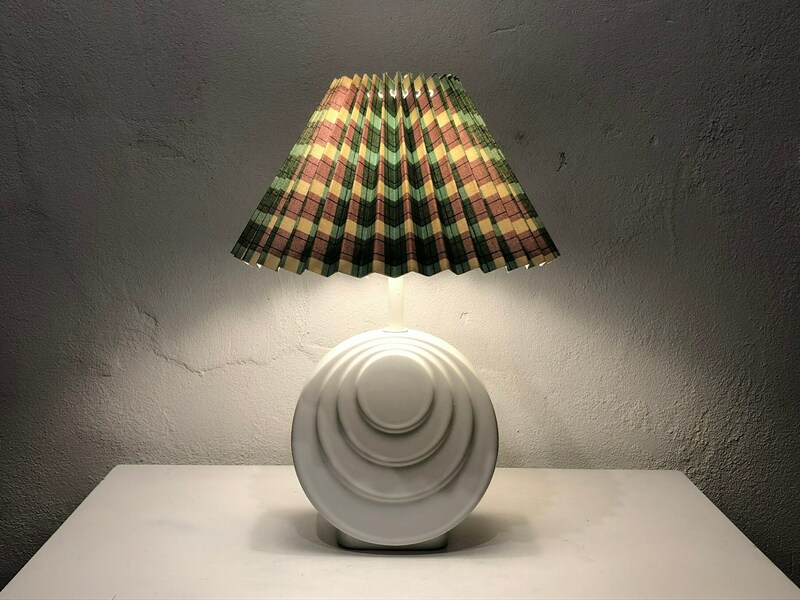 Danish Vintage Sculptural Table Lamp In White Porcelain With Modernist Circle Pattern And Colorful Pleated Shade   Design By El Huset Brande photo for sale