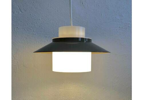 Danish Mid Century Modern "Dinette" Ceiling Lamp In White And Grey Plastic   Design By Bent Karlby For Lyfa